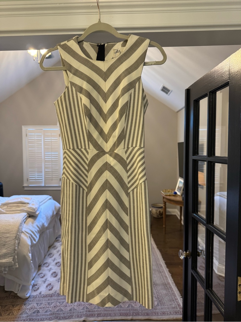 Milly Cream & Taupe Straight & Chevron Striped
Sleeveless Dress